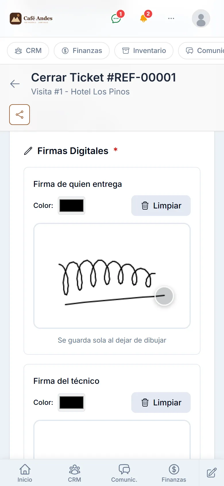 Cierre del ticket en el teléfono: firma de quien entrega dibujada en la pantalla