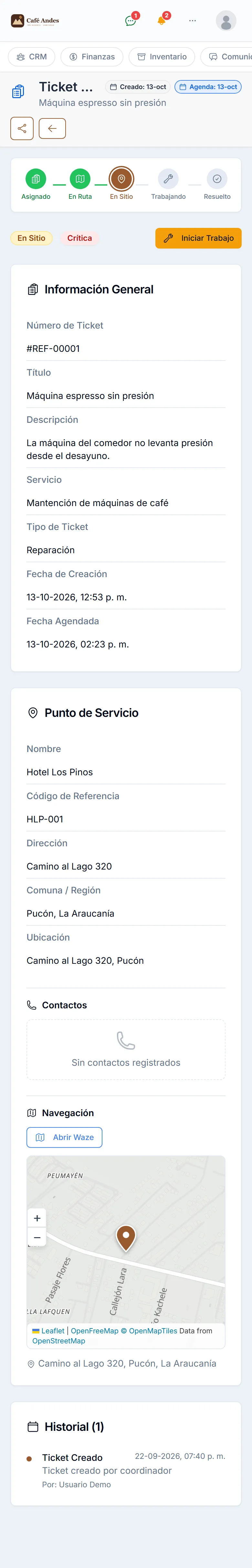 Ticket en el teléfono del técnico: estados, información general, punto de servicio con mapa e historial